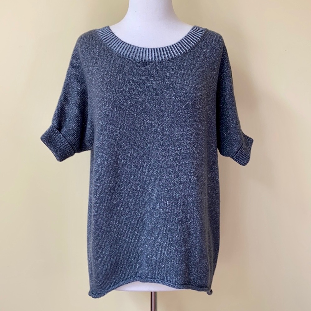 Three Dots Silver Metallic Boxy Short Sleeve Top